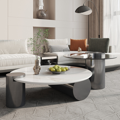 Glass Marble Stainless Steel Round Rock Coffee Table For Home Leisure